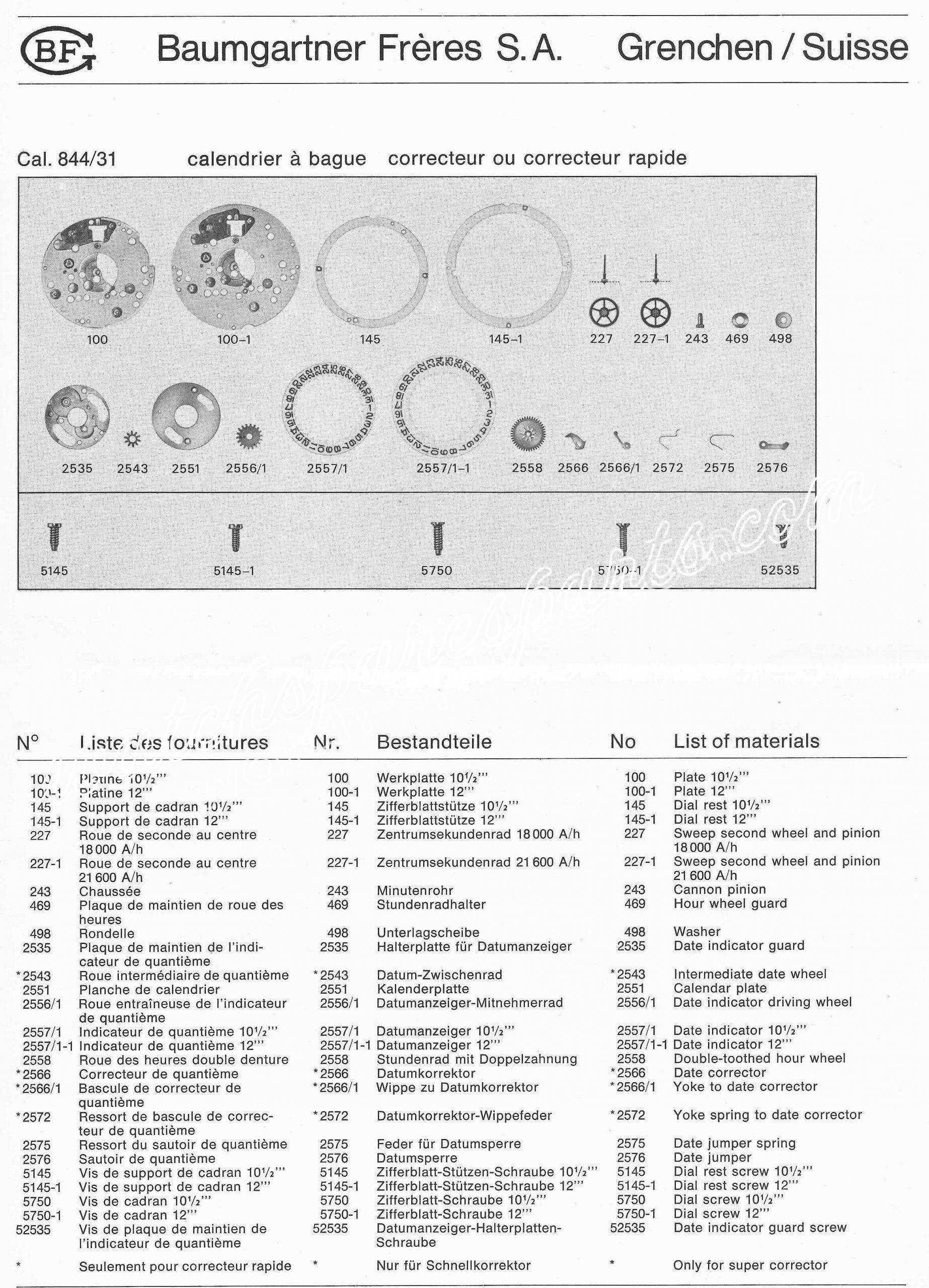 Baumgartner BFG 844 31 watch date parts Baumgartner BFG 844 31 watch date parts